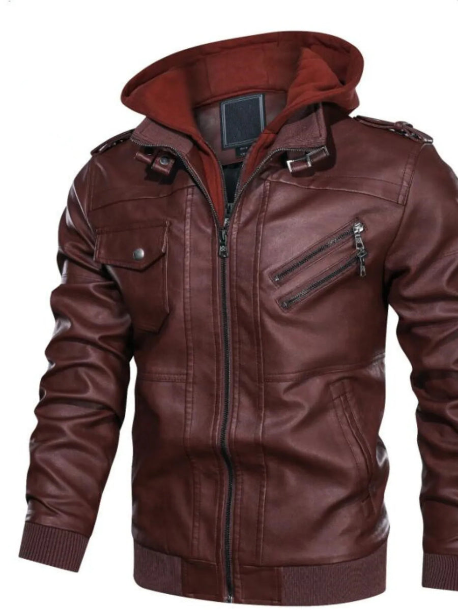 Men's red hooded leather jacket with zippered pockets and snap chest pocket.