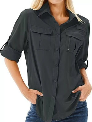 Roll-up sleeve black button-up shirt with chest pockets and zip pocket detail