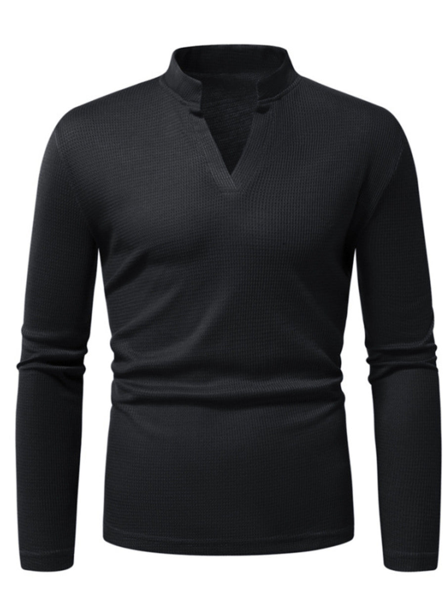 Men's black long sleeve t-shirt with notched v-neck and waffle texture.