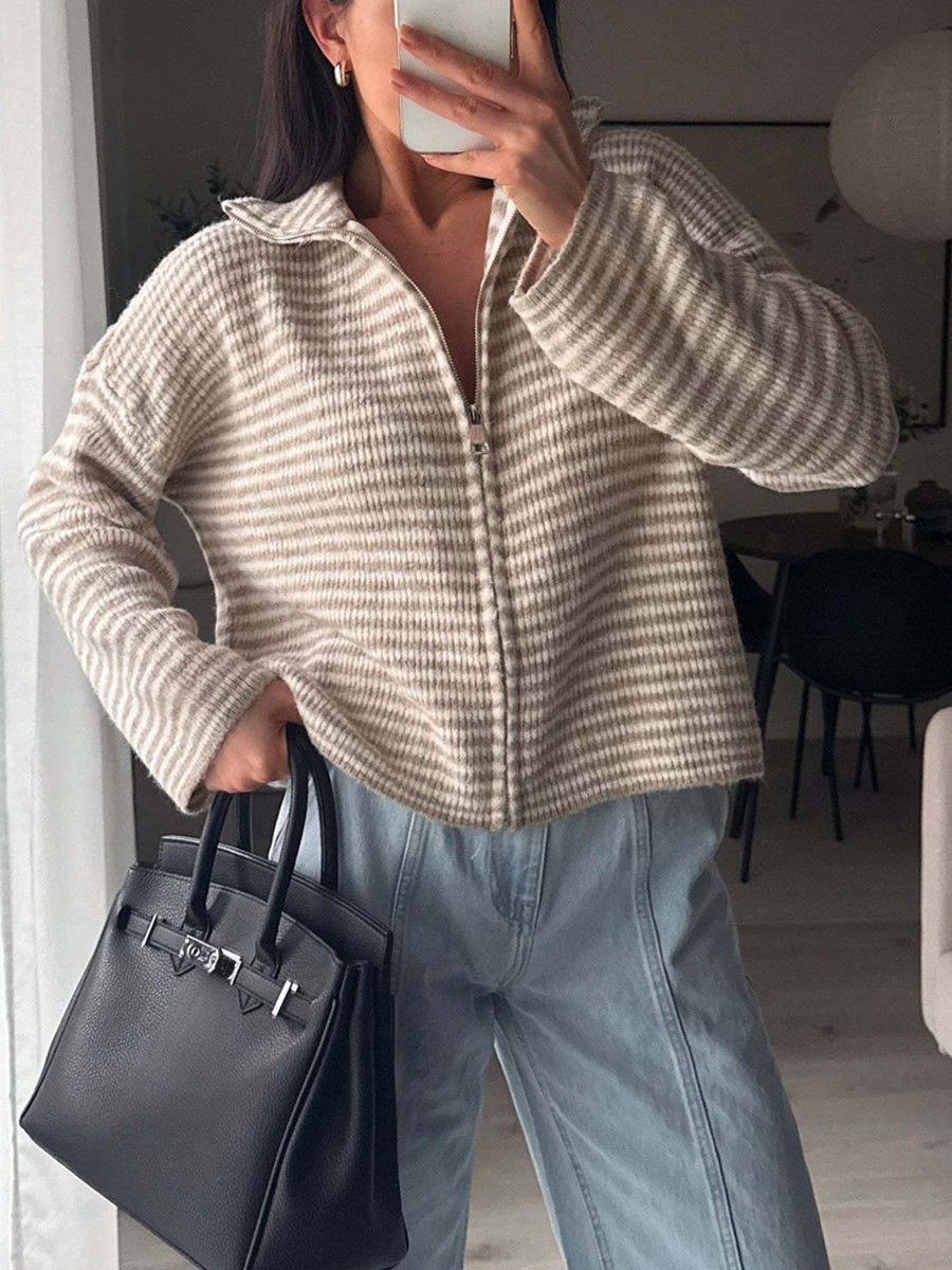 cream cardigan with striped and collared