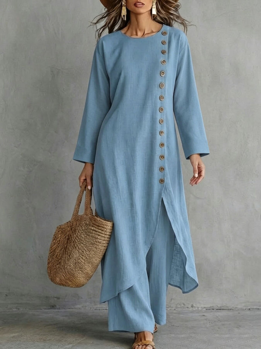 top and pants set in Blue with buttoned and maxi