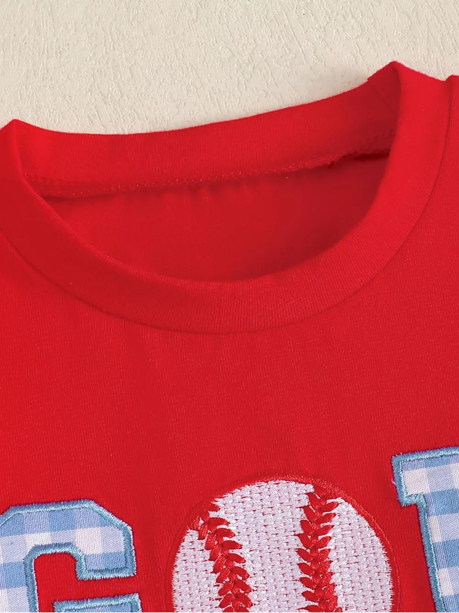 Red cotton baseball tee with embroidered baseball and gingham letters.
