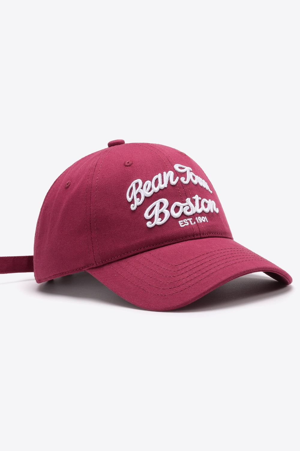 Deep Red baseball cap with white "Bean Town Boston EST. 1901" embroidery
