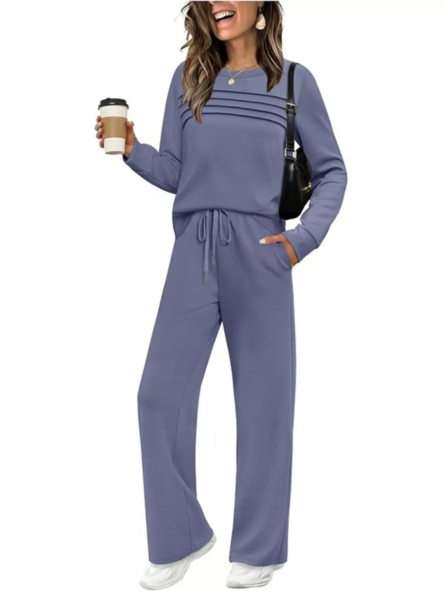Black Casual Long Sleeve Crewneck Top & Drawstring Pants Set