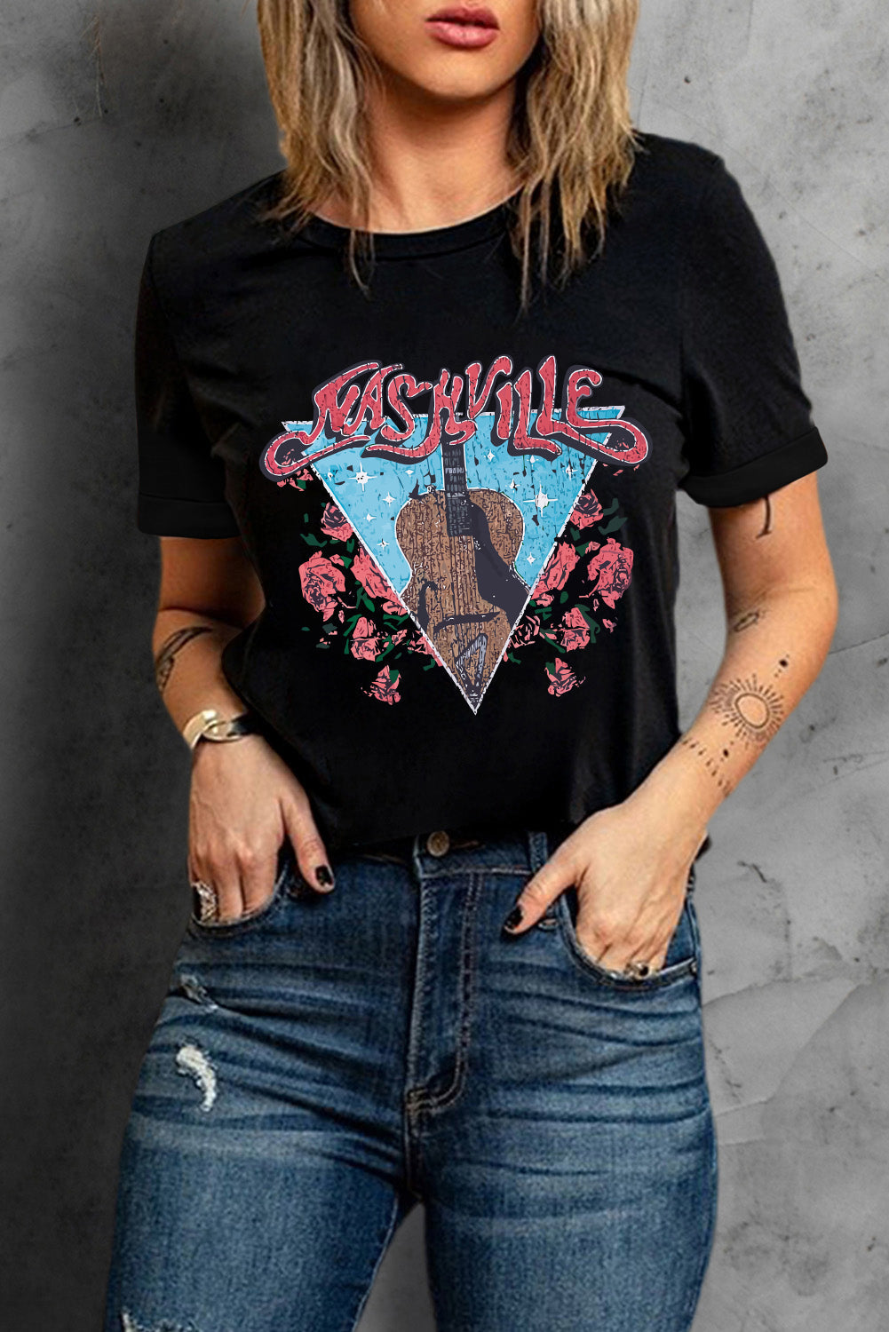 Black t-shirt with Nashville guitar and roses graphic print