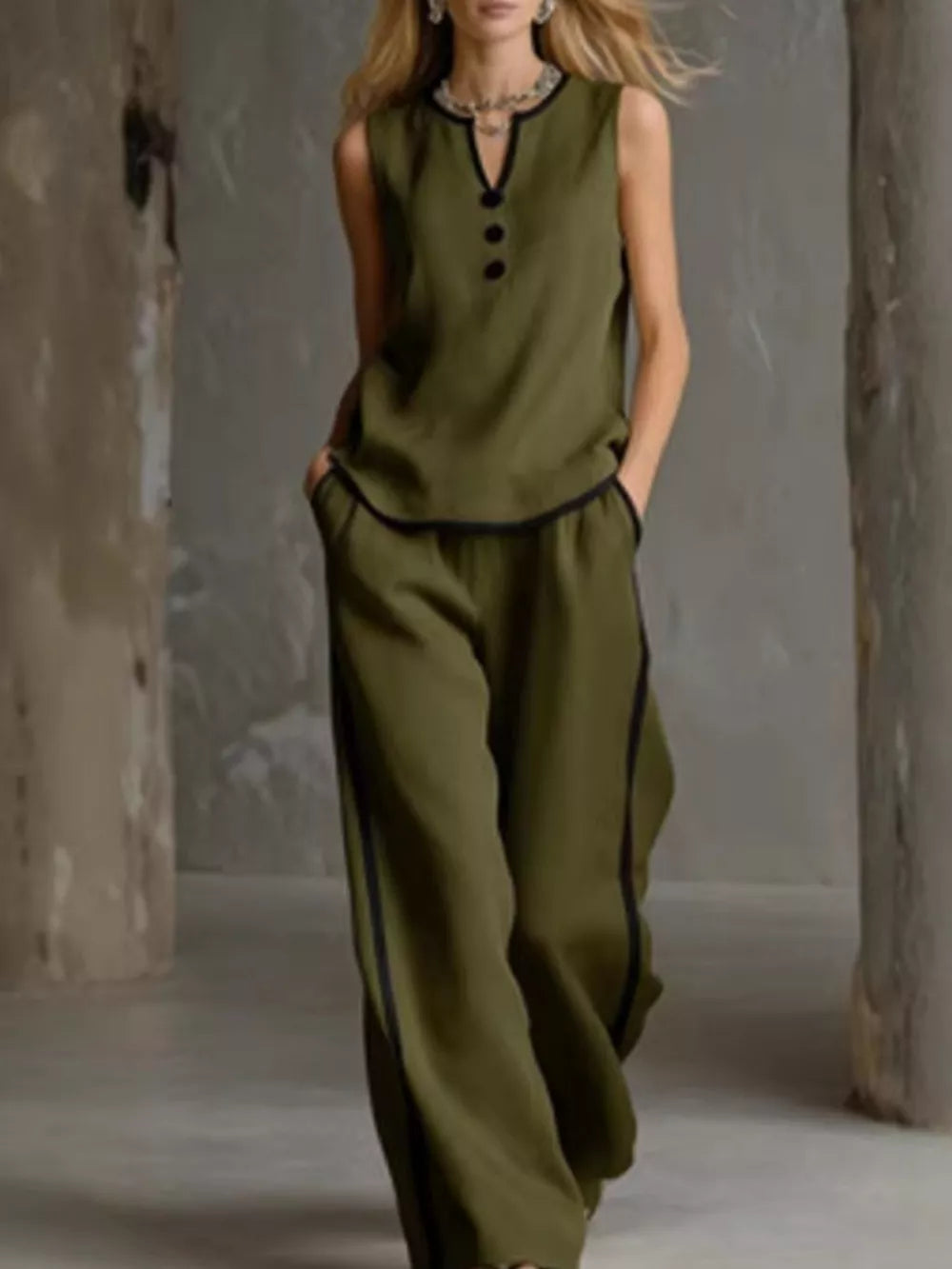 black relaxed pajama set with v-neck