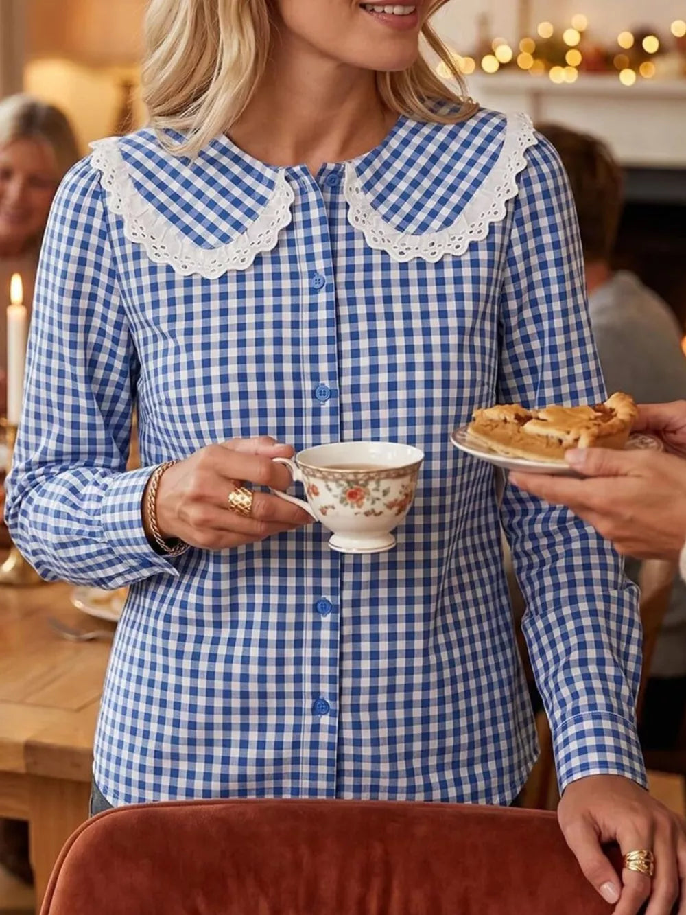 button-up shirt featuring gingham in white with 100% polyester Care instructions: Machine wash cold texture