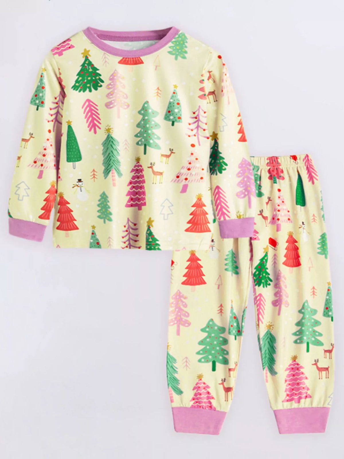 Light Yellow Christmas Tree Print Pajama Set with pink cuffs and neckline