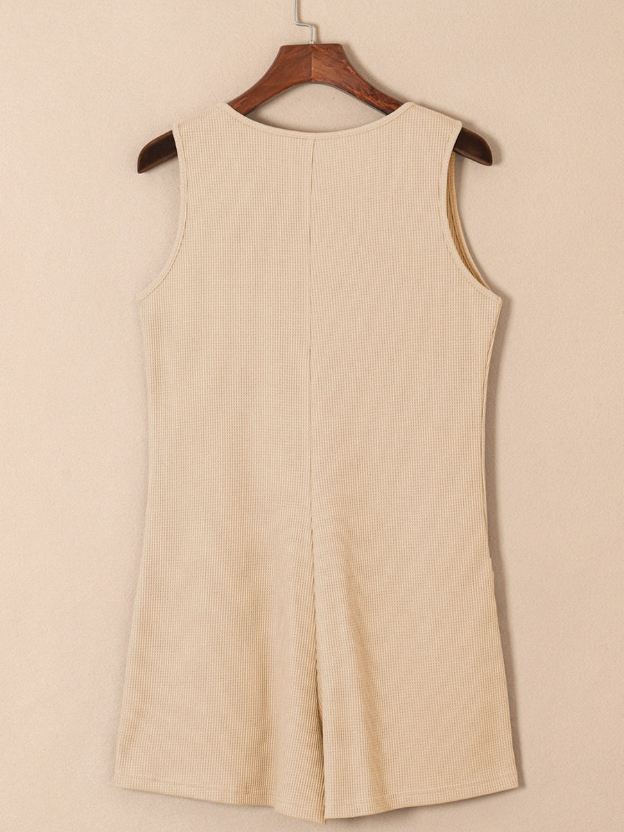 Camel waffle knit button-down romper with pockets, sleeveless, round neck