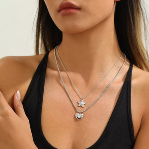 Silver with 2-piece Star And Heart Pendant Alloy Necklace in Silver