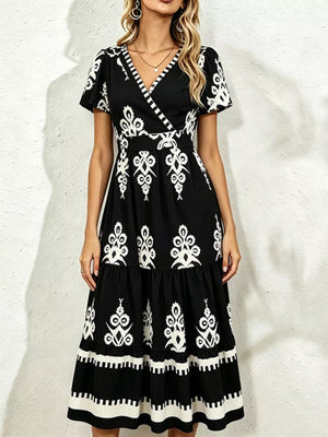 Blue with Printed Surplice Short Sleeve Dress