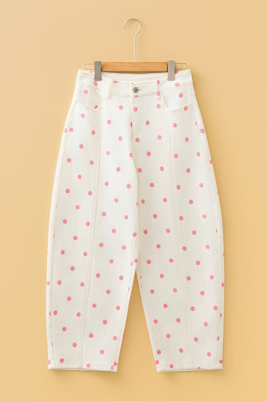 wide-leg jeans featuring polka dot in Blush Pink with 72% cotton, 26% polyester, 2% elastane Care instructions: Machine wash