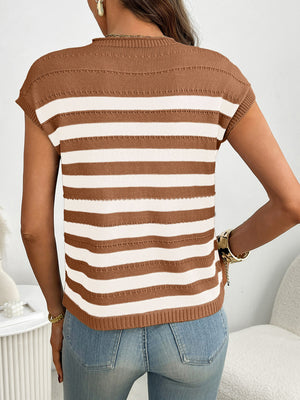 Striped knit sweater in caramel and white with short sleeves and a crew neck.