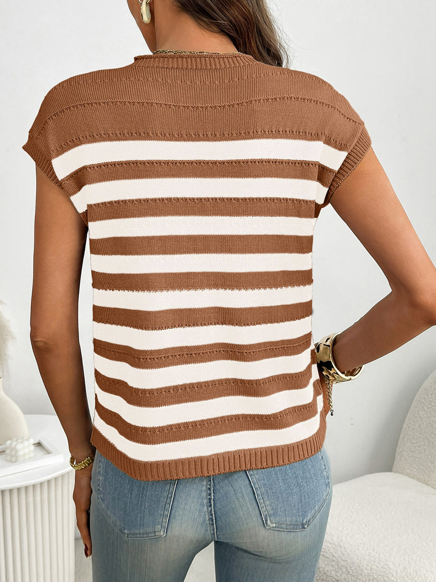 Striped knit sweater in caramel and white with short sleeves and a crew neck.