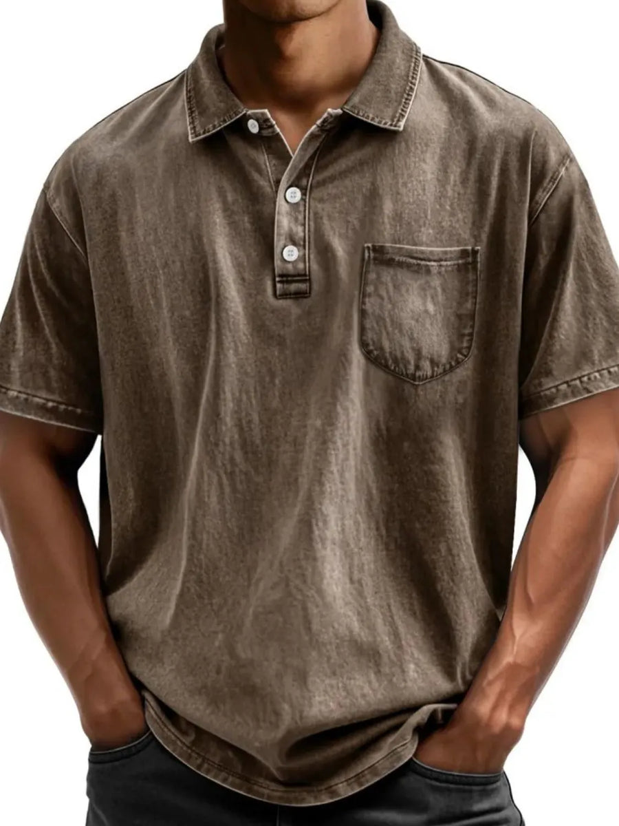Acid wash relaxed fit polo shirt in taupe with short sleeves and chest pocket.