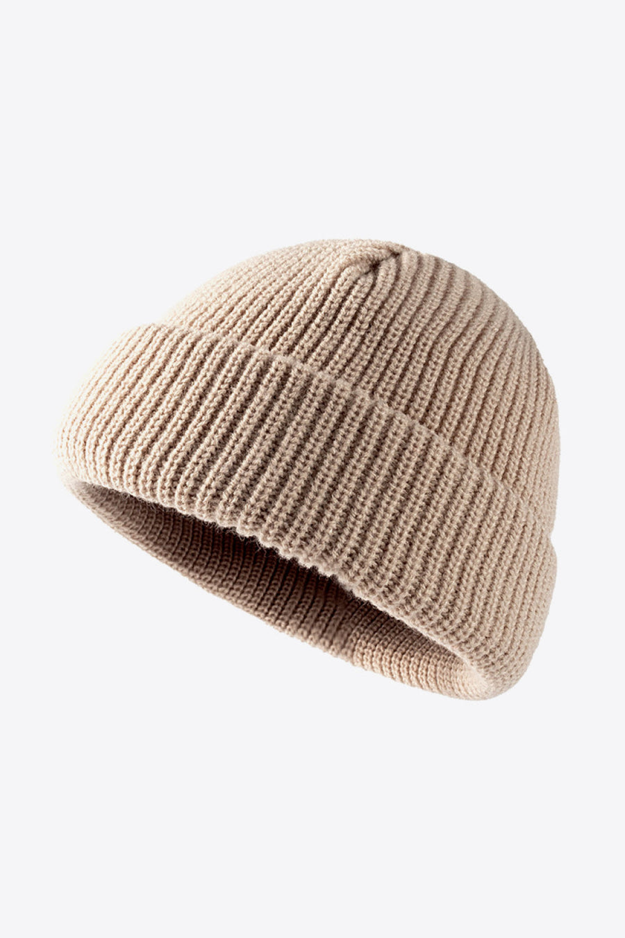 Beige ribbed knit beanie with folded edge detail
