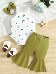 Baby bodysuit with cactus print and button detail, paired with green flared pants.