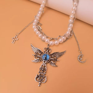 Gothic Pearl Double Layered Necklace in Blue with double layered