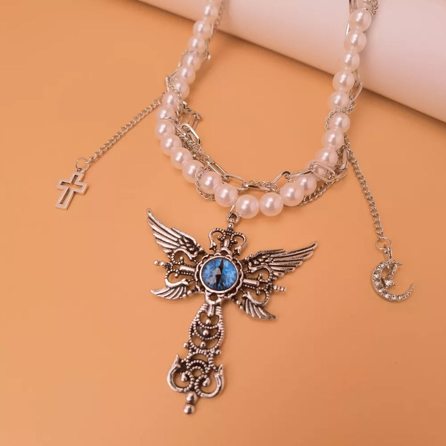 Gothic Pearl Double Layered Necklace in Blue with double layered
