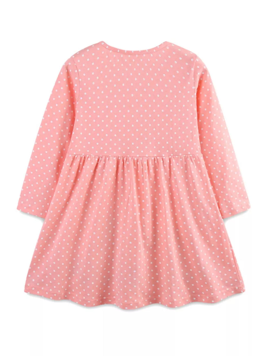 Pink polka dot long sleeve dress with gathered waist and flared skirt.