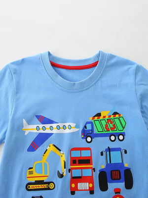 Blue cotton t-shirt with cartoon vehicles including an airplane, garbage truck, excavator, double-decker bus, and tractor.