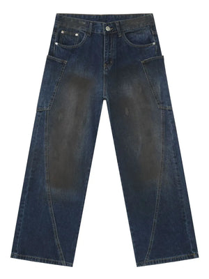 Faded panel wide-leg denim jeans in medium wash with a relaxed fit.