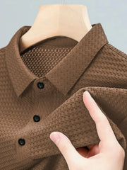 Brown textured pique polo shirt with refined collar and button detail
