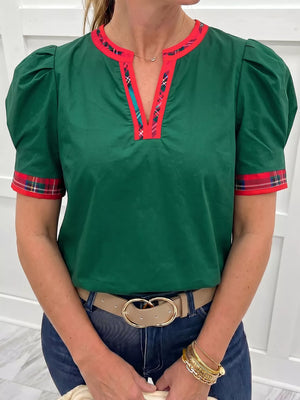 Dark Green Plaid Trim V Neck Short Sleeve Blouse