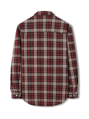 Classic red and brown plaid long-sleeve button-up shirt with cotton blend fabric.