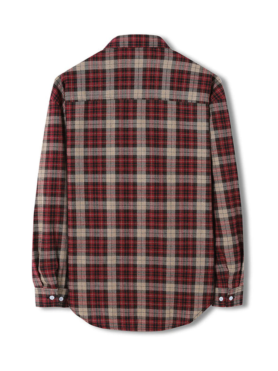 Classic red and brown plaid long-sleeve button-up shirt with cotton blend fabric.