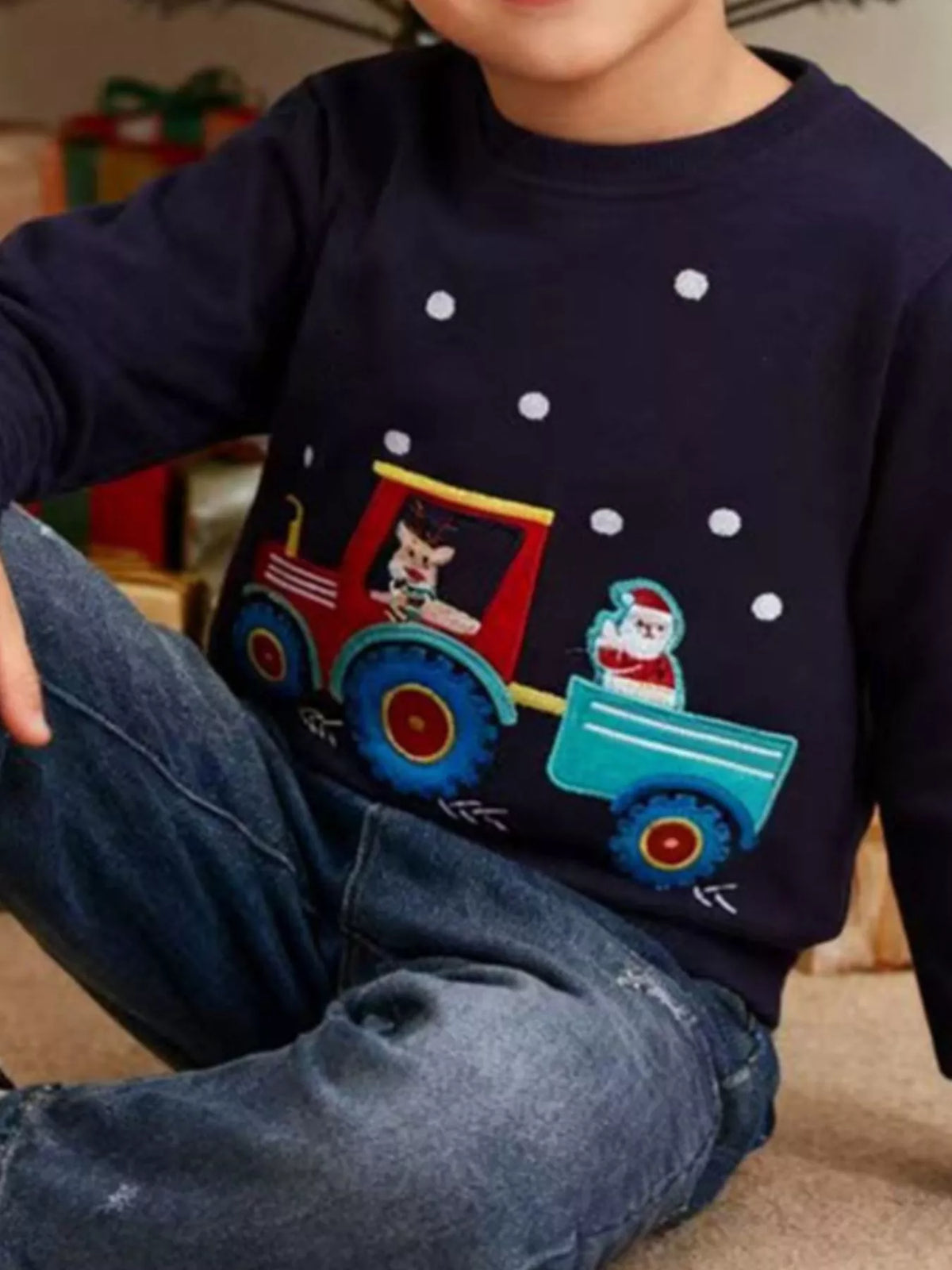 Dark Navy embroidered sweatshirt with Santa and reindeer on a tractor, featuring a cotton blend and crew neck.