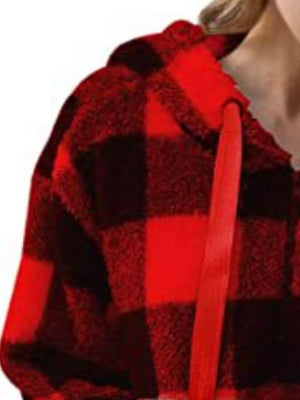 Red and black plaid sherpa drawstring hoodie with fuzzy texture and red drawstrings.