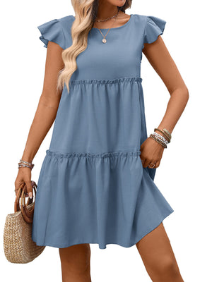 Gray blue ruffled cap sleeve mini dress with tiered skirt and round neckline.