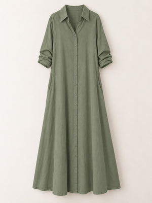 Button Front Long Sleeve Maxi Shirt Dress Plus Size in Golden Yellow with pocketed