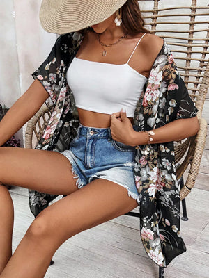 Sheer black floral print lightweight kimono cardigan with short sleeves.