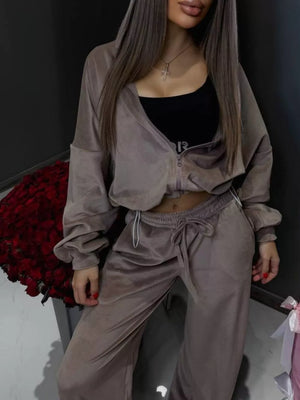 Deep Pink with Zip Up Cropped Outerwear And Pants Set