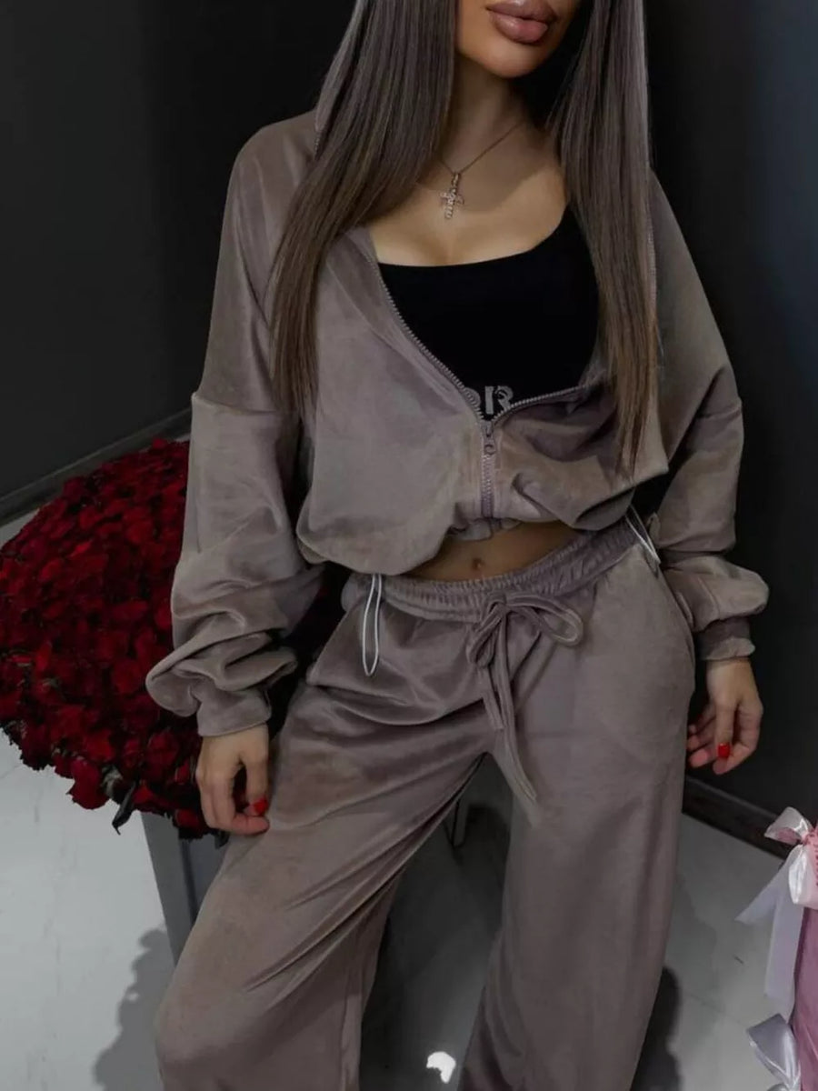 Deep Pink with Zip Up Cropped Outerwear And Pants Set