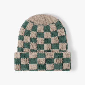 Checkerboard knit beanie in dark green and khaki with a cuffed brim.