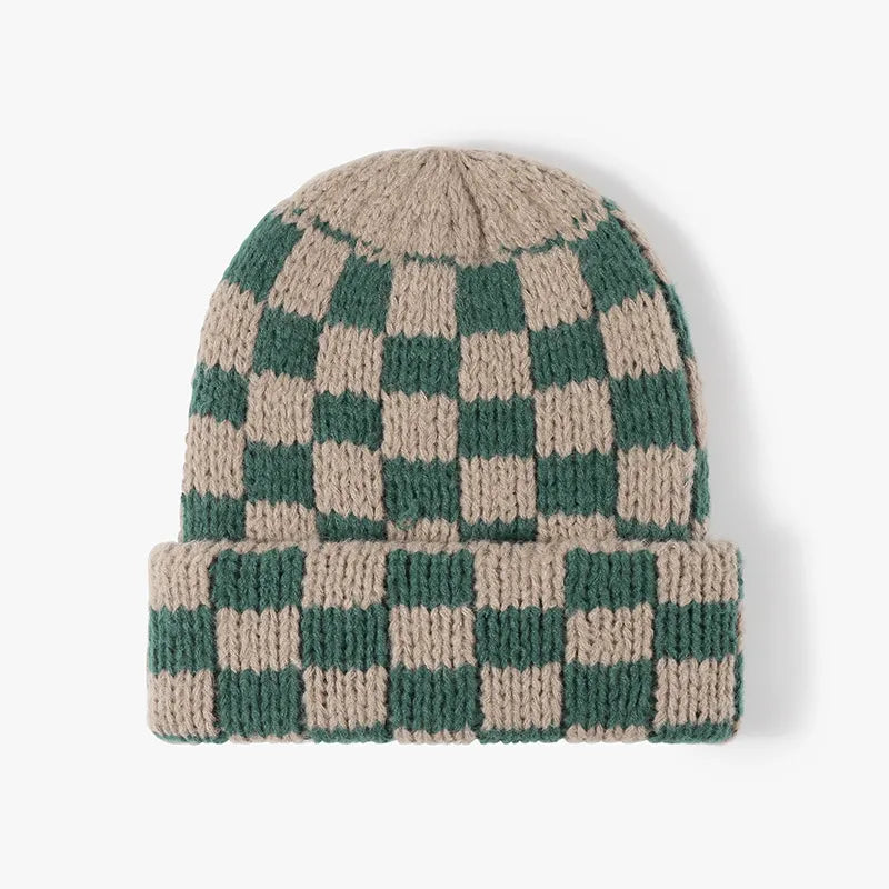 Checkerboard knit beanie in dark green and khaki with a cuffed brim.