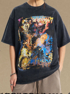 Black oversized graphic tee with fiery skull and motorcycle print
