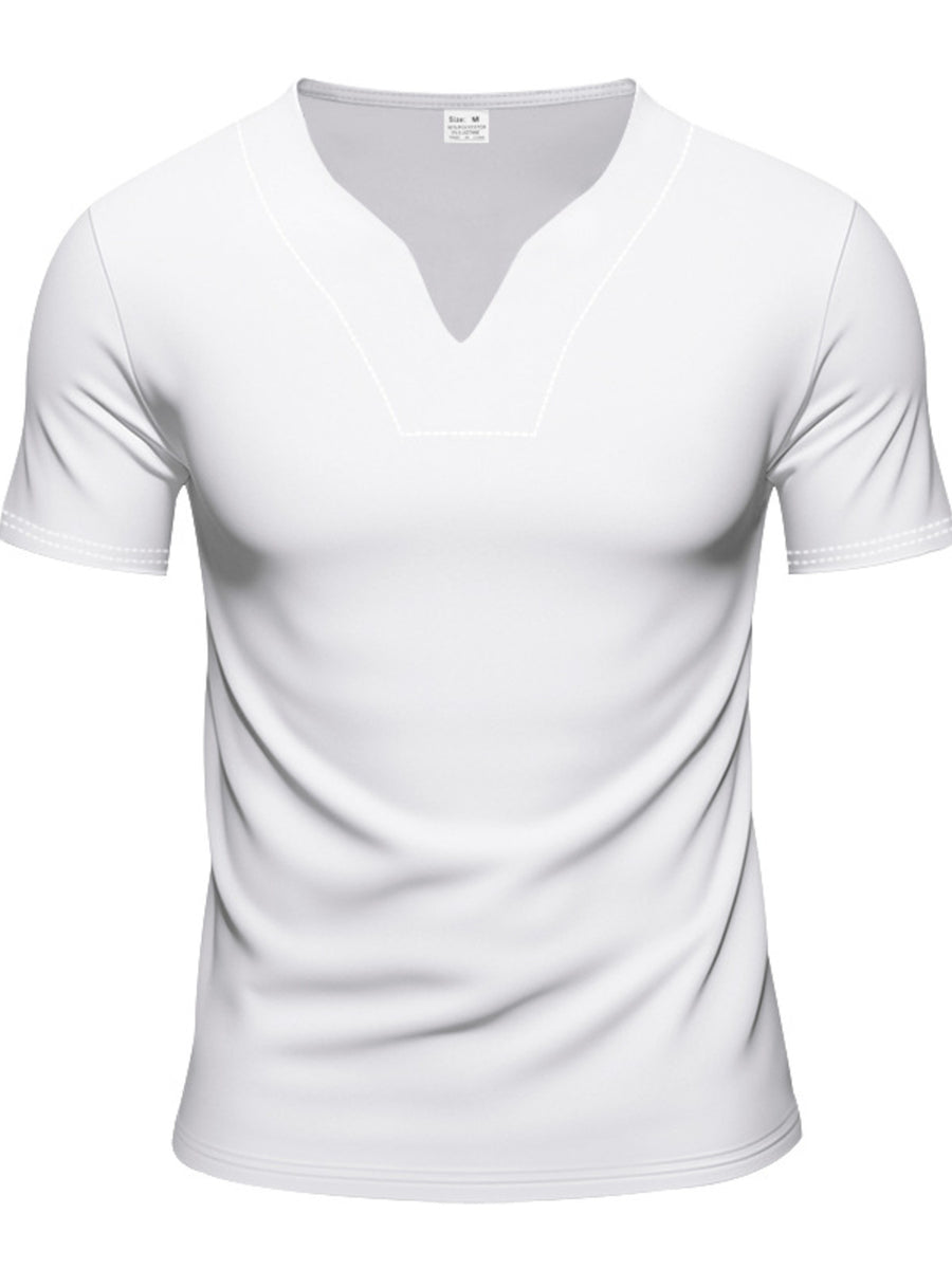 White cotton t-shirt with notched V-neck and short sleeves