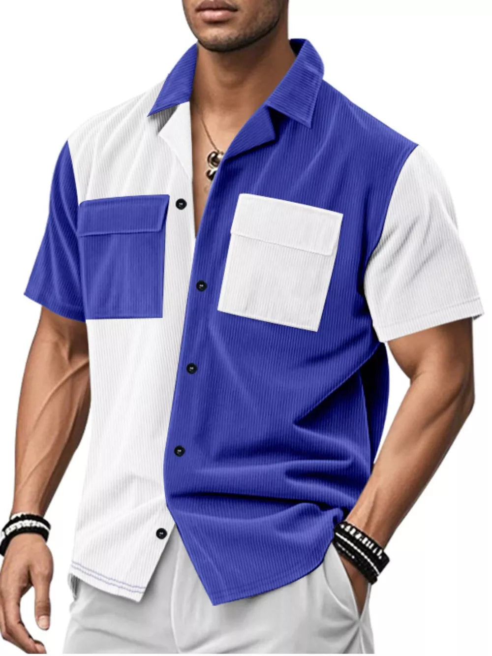 Men's color block corduroy short sleeve shirt in blue and white with two chest pockets.