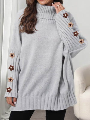 Oversized Turtleneck Sweater With Floral Sleeves in Gray with ribbed