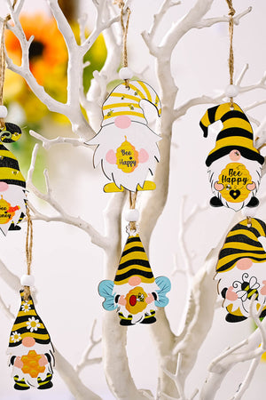 Whimsical bee gnome ornaments in yellow and black, some with "Bee Happy" text.
