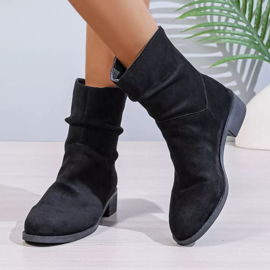 Black suede ankle boots with a block heel and slouchy shaft.