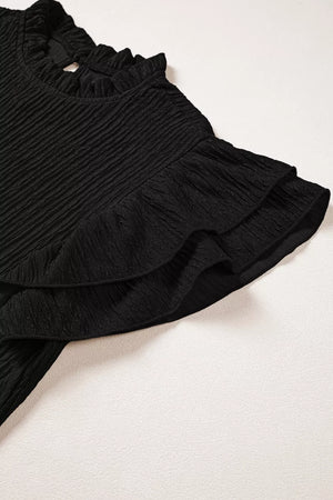 Black textured maternity shirt with frilled ruffle sleeves and neckline