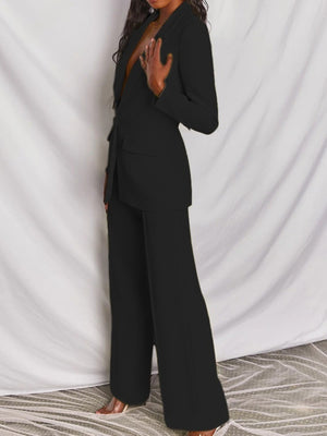 Black One Button Blazer And Wide-leg Pants Set Plus Size