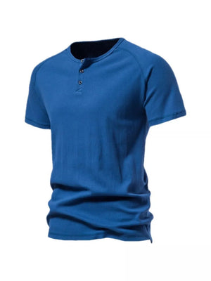 Men's blue casual cotton Henley t-shirt with button detail