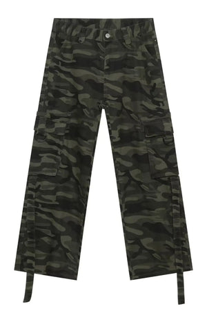 Wide-leg camo cargo pants in green camouflage with belt detail and D-ring cargo pockets.