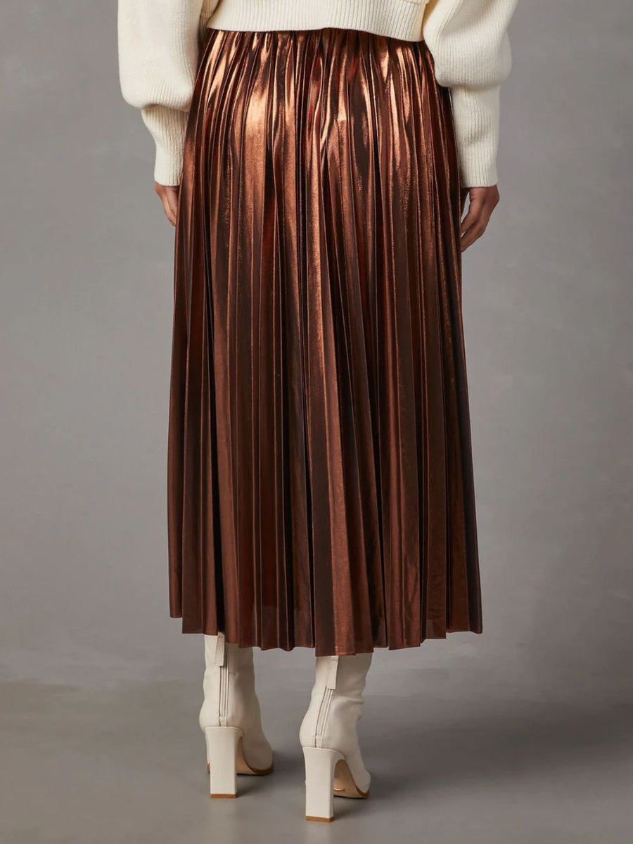 Metallic bronze accordion pleat midi skirt with a shiny finish.